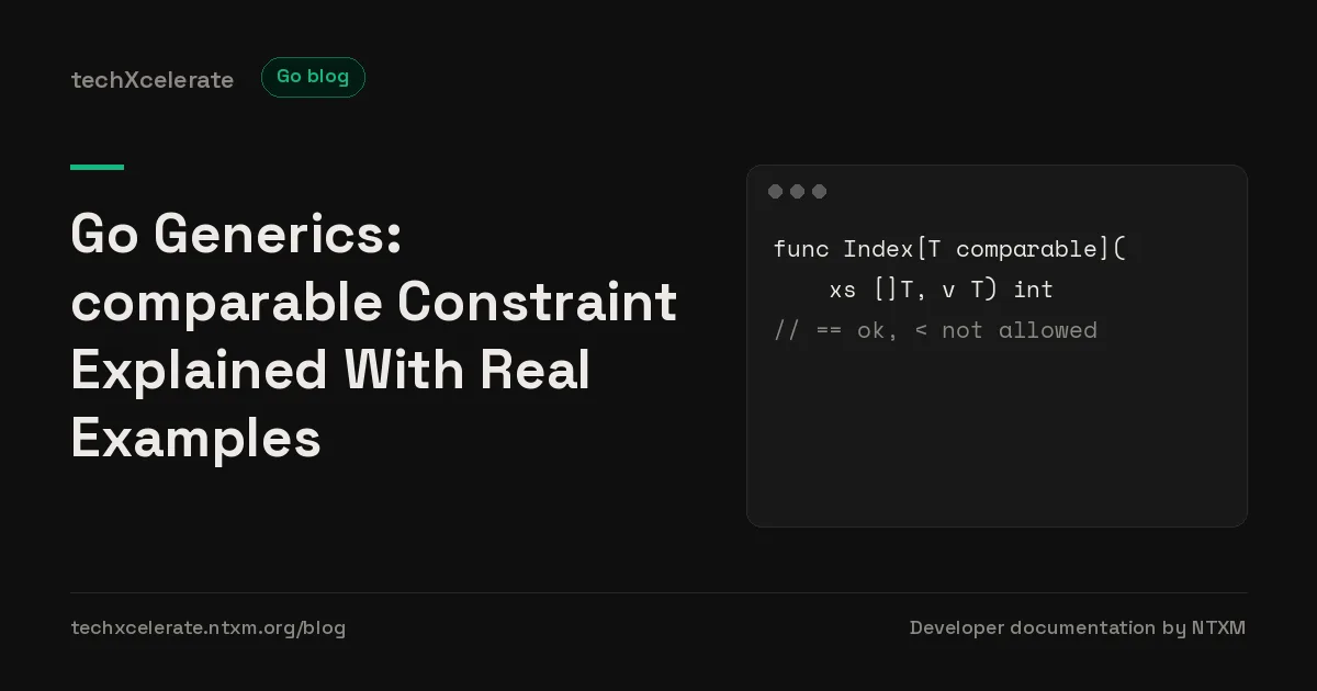Title card for 'Go Generics: comparable Constraint Explained With Real Examples' with a short code example